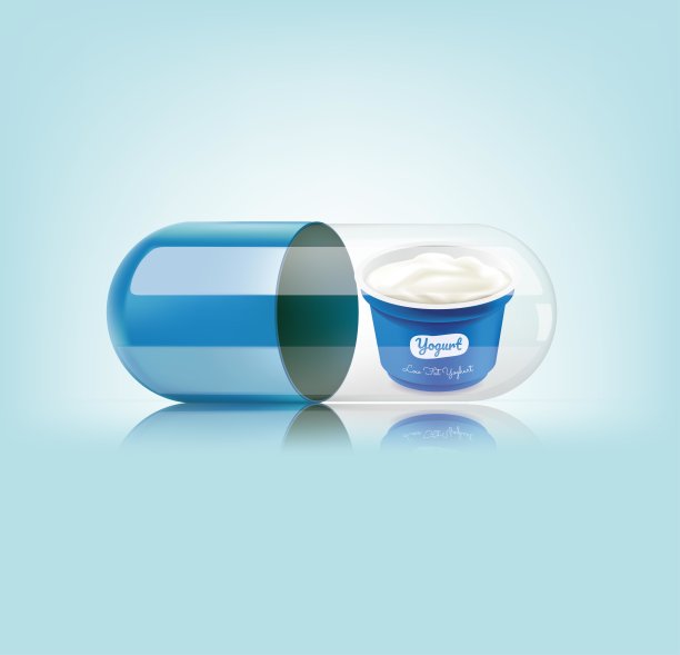 医用蓝色胶囊与酸奶在蓝色背景。矢量图图片下载