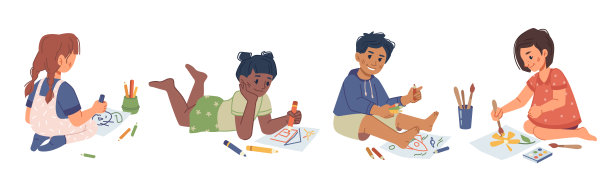 孩子们用蜡笔玩耍和画画，在幼儿园课堂上用铅笔孤立男孩和女孩。孩子们在做家庭作业。学龄前儿童提高技能。平面卡通人物矢量图片下载