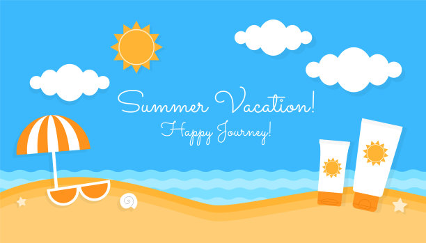 夏日海滩旅游海报。快乐的夏日旅行明信片。夏日的海滨沙滩配有太阳镜、遮阳伞和防晒化妆品，为你的文字留出空间。明亮的彩色平面矢量插图。图片下载