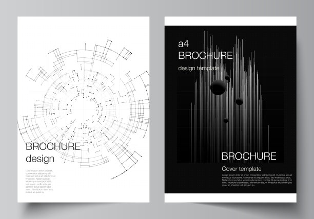 A4矢量版式封面设计模板为宣传册、传单版式、小册子、封面设计、书籍设计。黑色技术背景。科学、医学、技术概念的数字可视化。图片下载