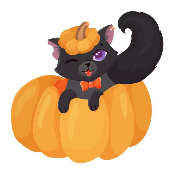 可爱的黑猫和一个橙色的蝴蝶结。万圣节的神秘动物。异色症。矢量插图孤立在白色背景。图片下载