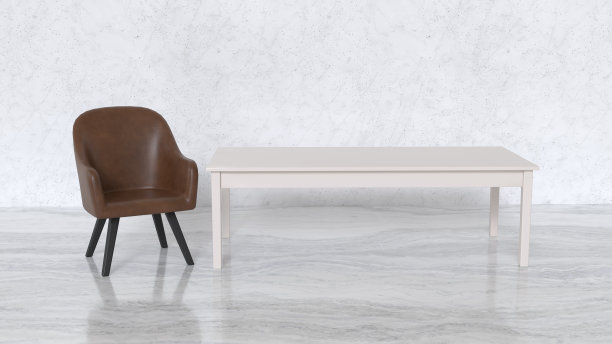 有几把椅子和一张铺着大理石地板的长桌。3 d场景。图片下载