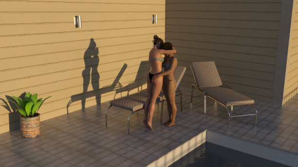 傍晚太阳落山时，两个女人站在一起拥抱的插图图片下载