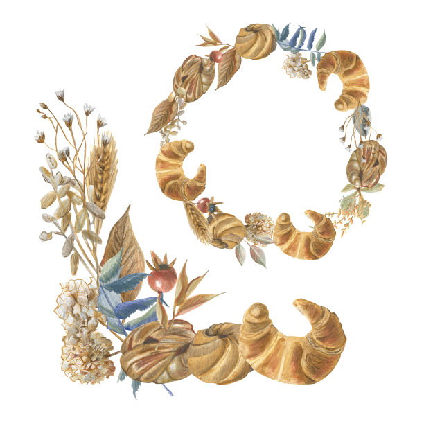 花环和角落的烘焙产品和秋季植物学对象，以彩色铅笔的技术。手绘。图片下载