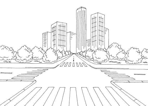 十字路口街道道路图形黑白城市景观素描插图矢量图片下载