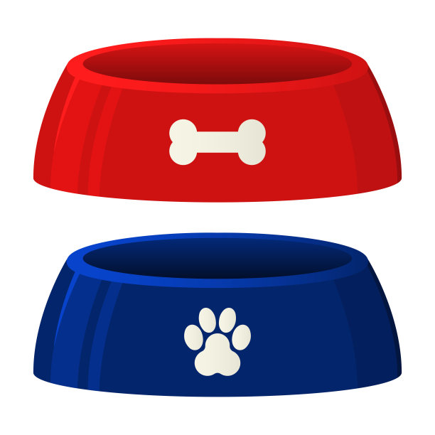 宠物食品或水碗在红色和蓝色卡通风格矢量插图孤立的白色背景。图片下载