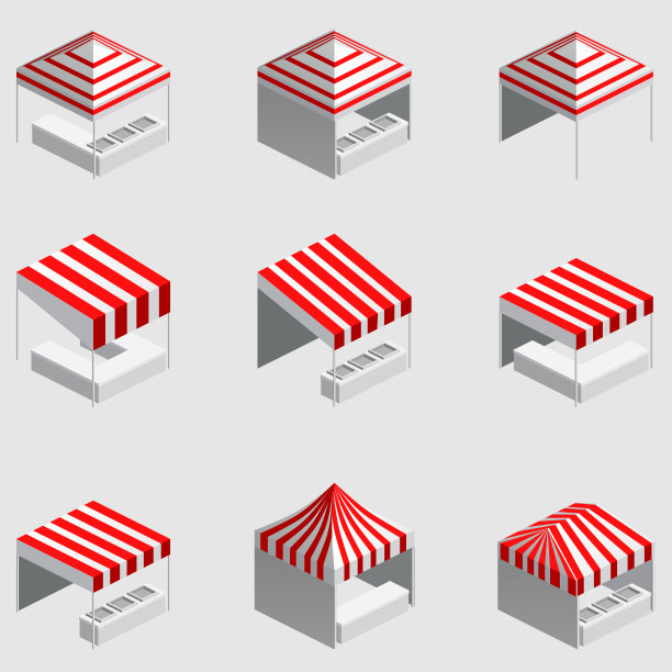 设置等距市场摊位，帐篷。街头遮阳篷亭、柜台、红白串供集市、街头食品、市场、杂货。向量孤立图片下载
