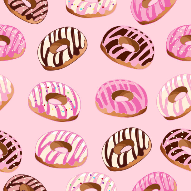 粉色和巧克力釉的甜甜圈无缝图案。甜点食品插图。国家甜甜圈。甜蜜的一天。没有饮食的一天。用于包装，菜单，食谱，明信片，横幅。图片下载