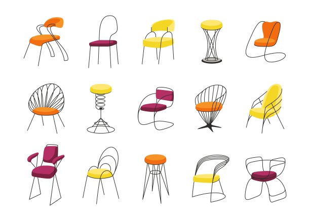 椅子。卡通室内家具坐。有明亮舒适柔软座椅的凳子模板。扶手椅、靠背和扶手。独立元素的家庭或办公室陈设，矢量集图片下载