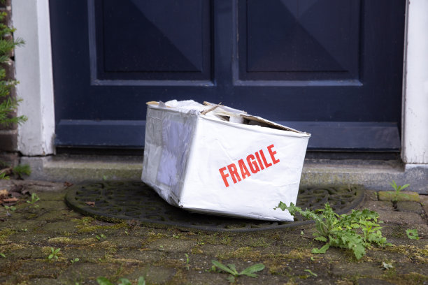 房屋前门的运输纸箱损坏，易碎的包裹有凹痕，运输观念差图片下载