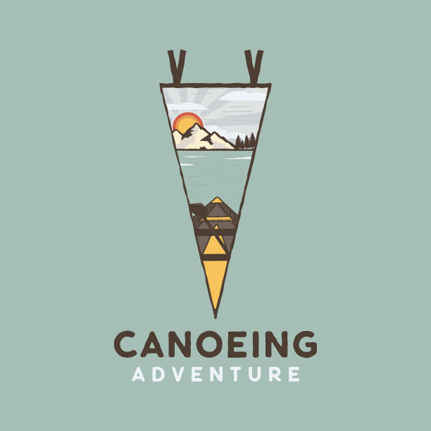 独木舟探险标志复古湖露营会徽图片下载