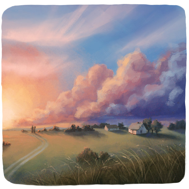 风景美丽的幻想。日落自然的数字插图。山上有可爱的房子。光栅图片孤立在白色。艺术作品油画风格的海报，卡片，印刷，贴纸，装饰。图片下载