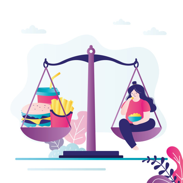 胖女孩坐在秤上，吃薯条。各种各样的垃圾食品。女性因吃快餐而变胖图片下载