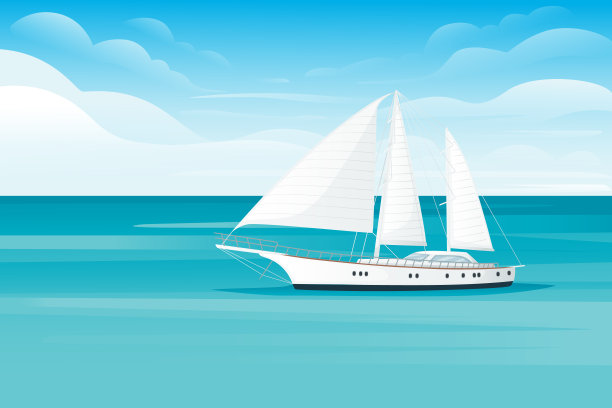 帆船上漂浮在蓝色的海洋或海洋景观夏日与云平面矢量插图图片下载