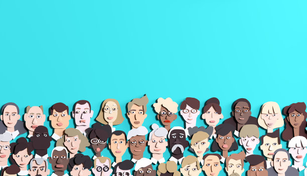 很多人的脸都是纸做的。人们的年龄和专业背景各不相同。剪纸设计3D渲染图片下载