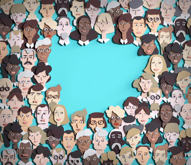 很多人的脸都是纸做的。人们的年龄和专业背景各不相同。剪纸设计3D渲染图片下载