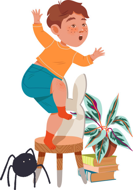 小男孩害怕蜘蛛在椅子上跳图片下载