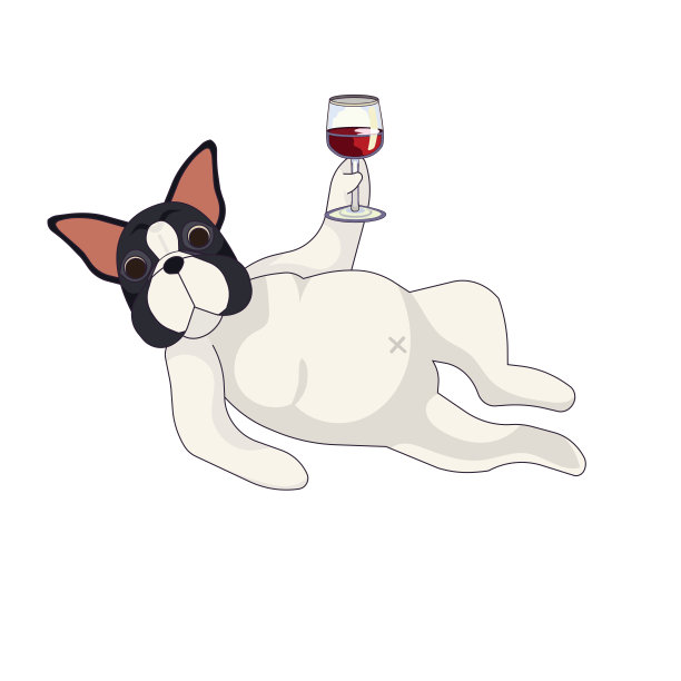 卡通法国斗牛犬与红酒进入酒杯在白色孤立的背景，向量可爱的狗冷饮葡萄酒t卡通风格，法国的概念和吉祥物，家庭生活和宠物。图片下载