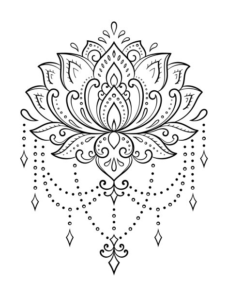 莲花曼海蒂花图案为指甲花绘图和纹身。装饰有东方、印度风格。涂鸦装饰。轮廓手绘矢量插图。图片下载