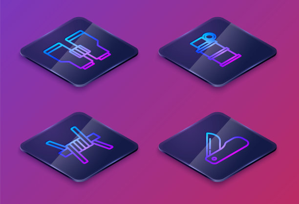 设置等距线望远镜，铁丝网，手烟幕弹和瑞士军刀。蓝色方块按钮。向量图片下载