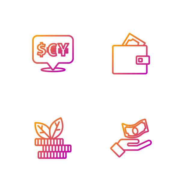 设行手拿钱，美元厂，货币兑换和钱包与。渐变颜色图标。向量图片下载