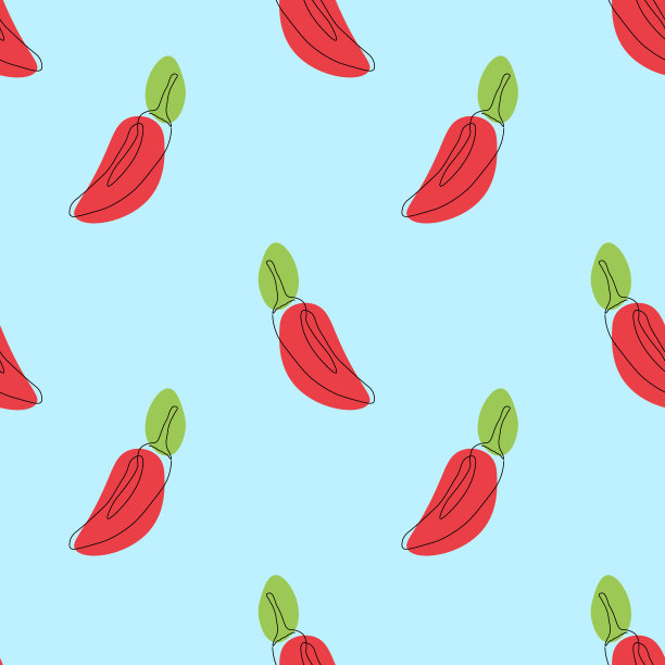 无缝模式与辣椒在蓝色背景。连续一行画辣椒。黑色线条艺术在蓝色背景与彩色斑点。素食主义的概念图片下载