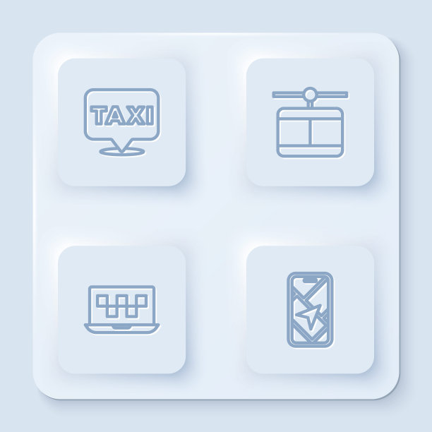 设有出租车，缆车，手提电脑呼叫服务和城市地图导航的线路位置。白色正方形按钮。向量图片下载