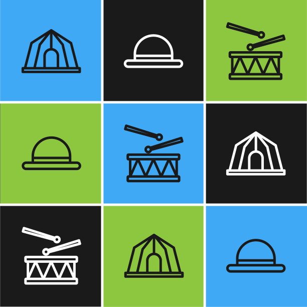 布景线马戏团帐篷，鼓与鼓棍和小丑帽子图标。向量图片下载