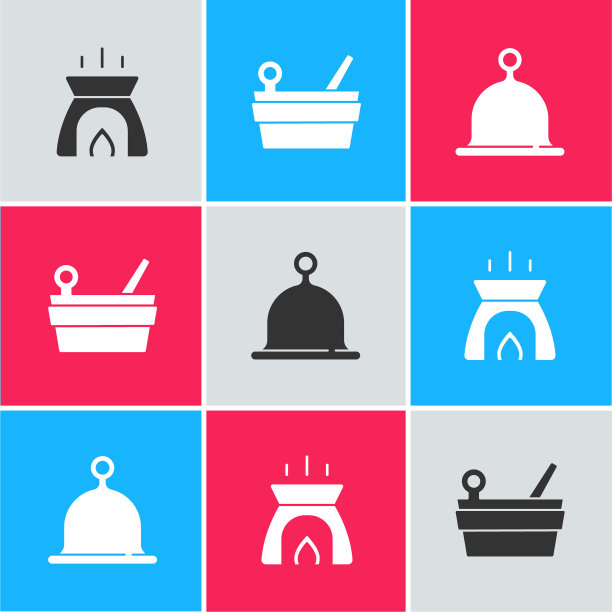 设置香薰蜡烛，桑拿桶勺和帽子图标。向量图片下载