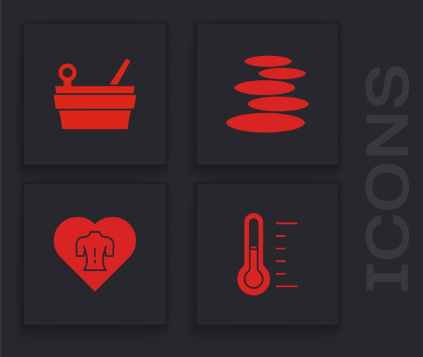 设置桑拿温度计，桶和勺，堆栈热石头和按摩图标。向量图片下载