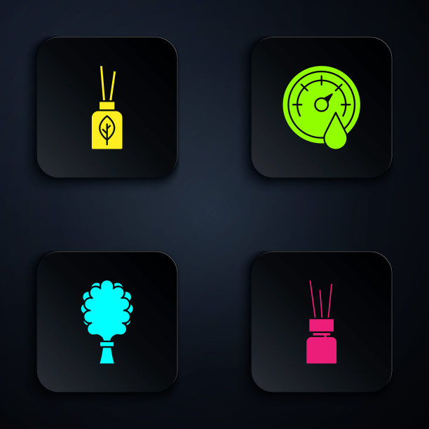 设置芳香扩散器，桑拿扫把和温度计。黑色方形按钮。向量图片下载