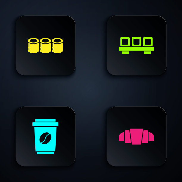 把牛角面包、寿司、咖啡杯放在切菜板上。黑色方形按钮。向量图片下载