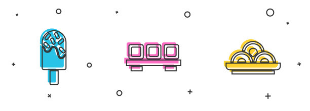 将冰淇淋，寿司放在砧板上，亚洲面条碗图标。向量图片下载