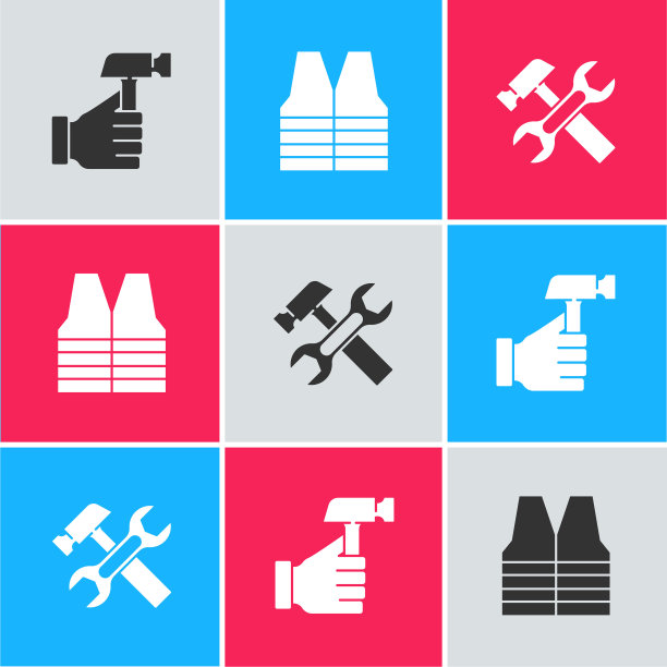 设置锤子，安全背心和扳手图标。向量图片下载