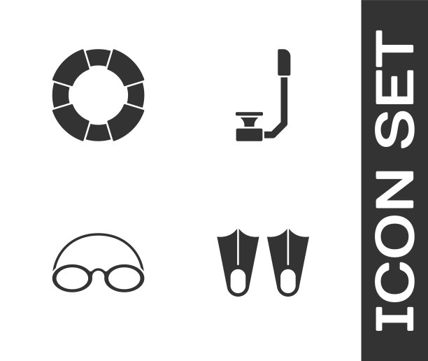 橡胶脚蹼、救生圈、眼镜和帽子及呼吸管图标矢量素材图片下载