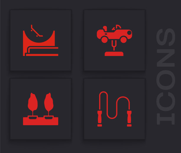 设置跳绳，滑板公园，秋千车和森林图标。向量图片下载