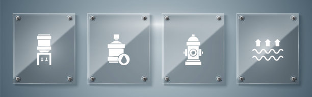 设有水波和蒸发，消火栓，大瓶子与清洁和水冷却器。方形玻璃面板。向量图片下载