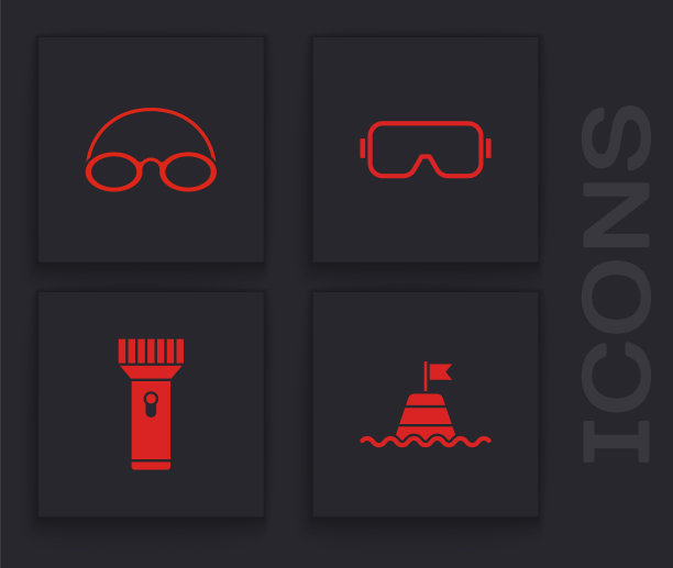 在海上设置浮动浮标，眼镜和帽子，潜水面罩和手电筒图标。向量图片下载