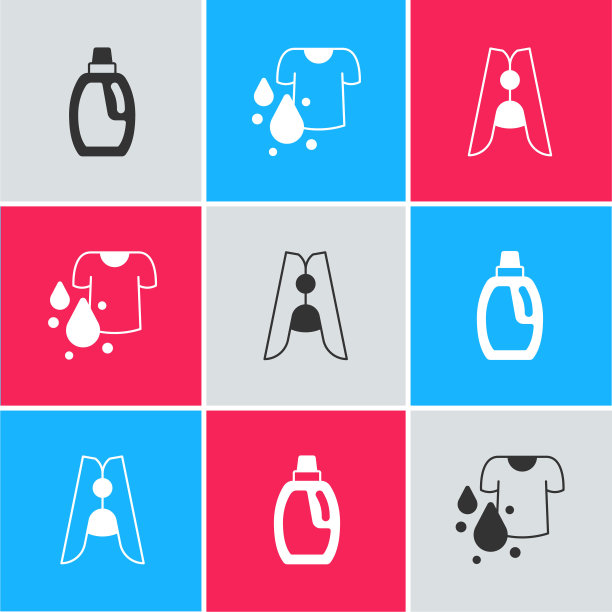 设置瓶子清洁剂，脏t恤和衣服别针图标。向量图片下载