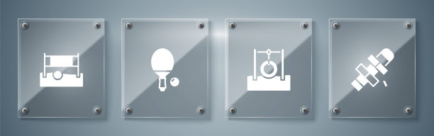 设置跳房子，汽车轮胎挂绳，球拍和球与排球网。方形玻璃面板。向量图片下载