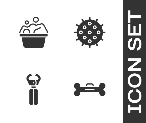 设置狗骨头，宠物洗澡，指甲钳和网球图标。向量图片下载