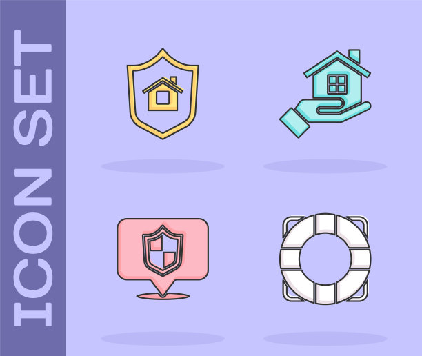 设置救生圈，房子与盾牌，位置和手的图标。向量图片下载