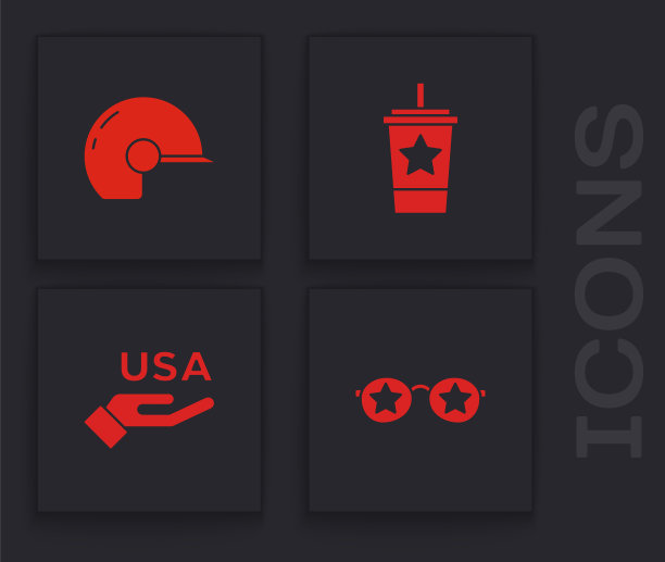 Set Glasses with stars, Baseball helmet, Paper glass straw and USA Independence day icon。向量图片下载