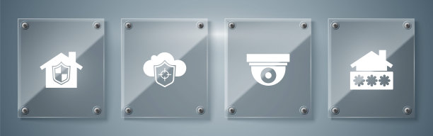 设置房子与密码，安全摄像头，云和盾牌和保护。方形玻璃面板。向量图片下载