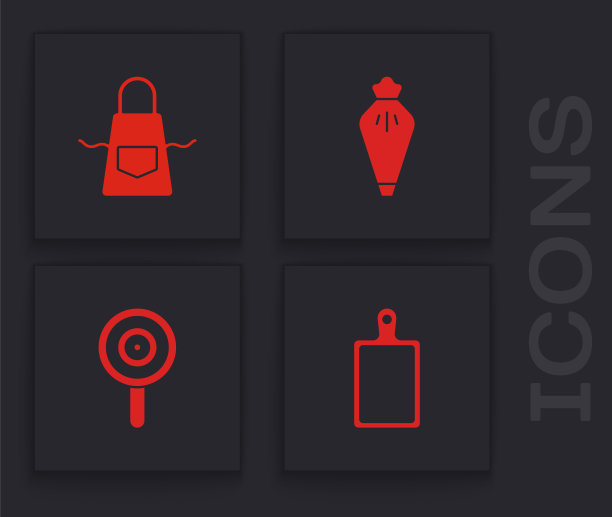 设置砧板，厨房围裙，糕点袋和棒棒糖图标。向量图片下载