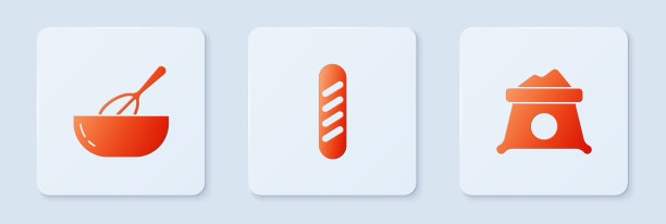 法式长棍面包，厨房搅拌器，碗和面粉袋。白色正方形按钮。向量图片下载