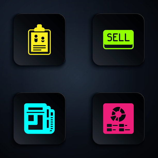 设置饼图信息图，商业财务报告，股票市场新闻和出售按钮。黑色方形按钮。向量图片下载