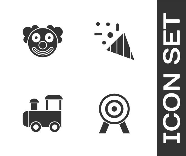 设定目标，小丑头，玩具火车和节日彩纸图标。向量图片下载