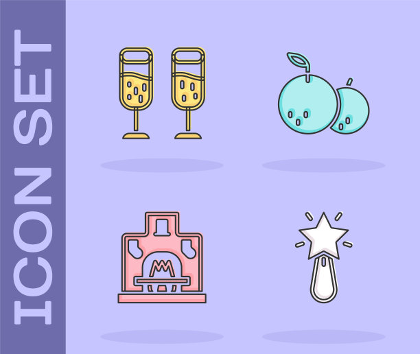 设置圣诞星，香槟杯，室内壁炉和橘子图标。向量图片下载