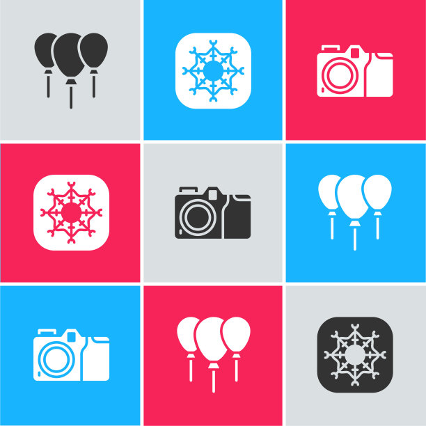 气球与丝带，雪花和照片相机图标。向量图片下载